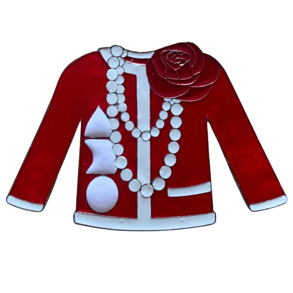Red Cardigan Sweater Enamel Brooch Pin Rose Pearl Detail Silver Tone Accessory